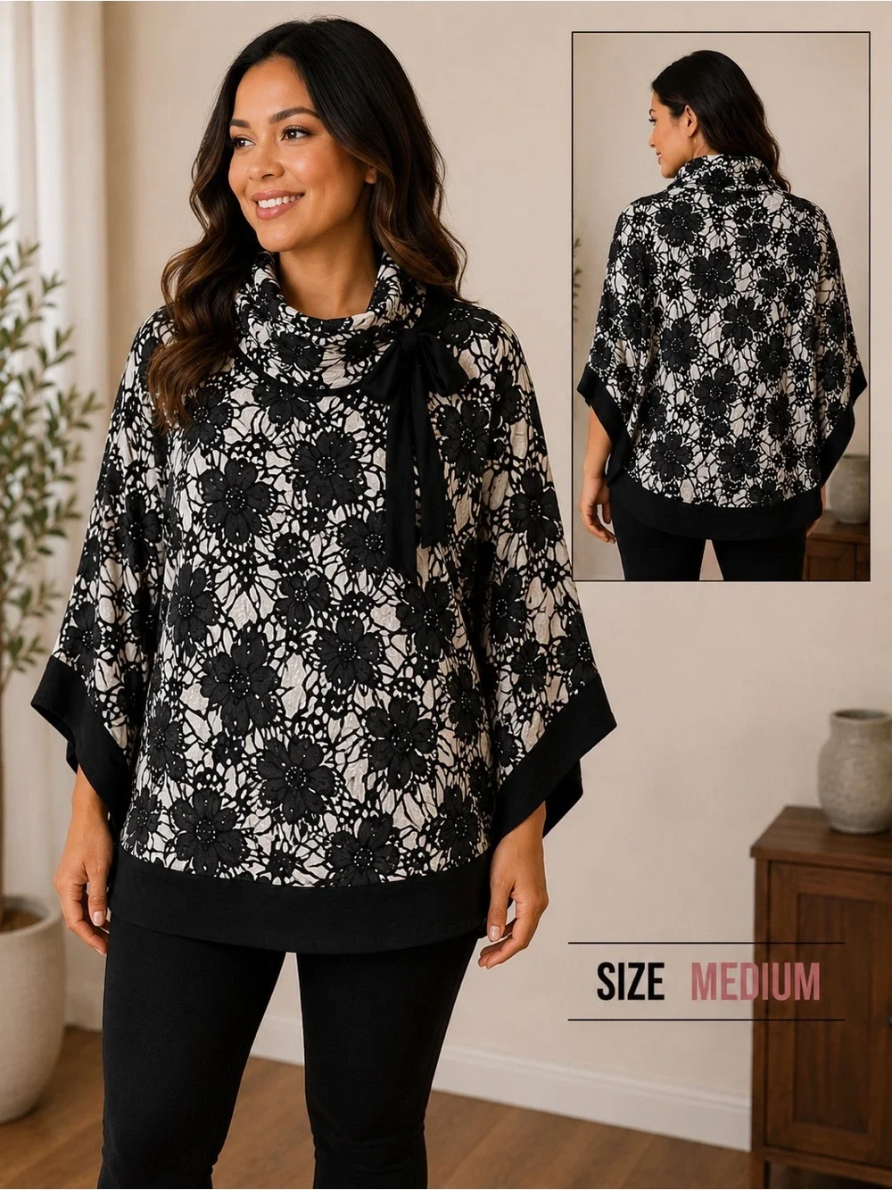 Michael Kors Black and White Floral Cowl Neck Cape MEDIUM